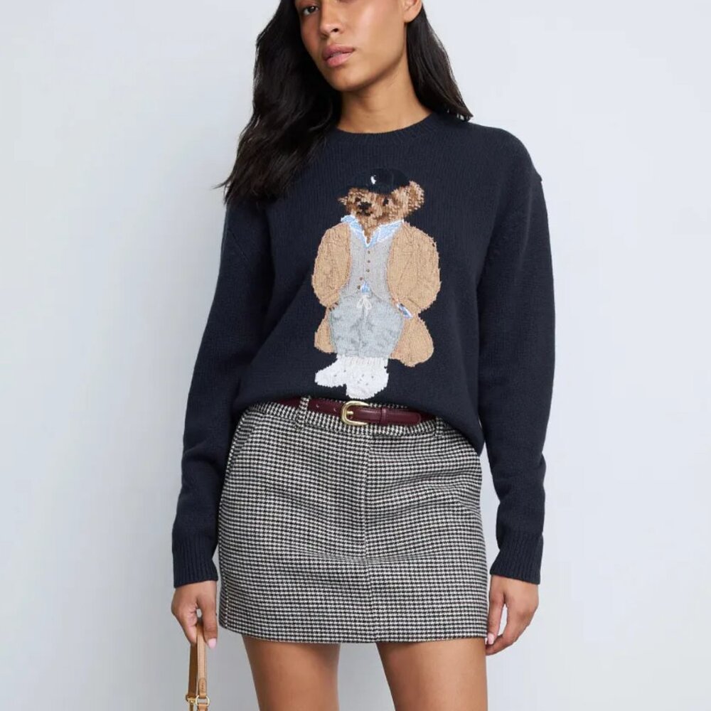 Polo Ralph Lauren Wool Bear Long Sleeve Collared Pullover Sweater in Navy Knit